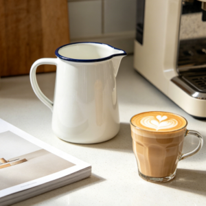 Japanese-Style White Porcelain Enameled Latte Art Pitcher