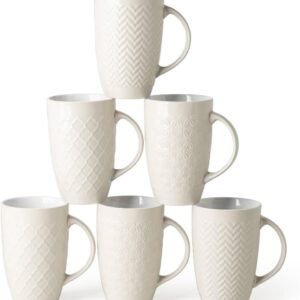 Extra Large Coffee Mugs Set of 6, 20oz Ceramic Tall Coffee Mugs Set with Textured Geometric Patterns for Coffee/Tea/Beer/Hot Cocoa, Dishwasher & Microwave Safe,Beige