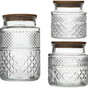 Glass Storage Jars Vintage Embossed Canisters Food Cereal Storage Containers with Bamboo Lid, Decorative Jars for Kitchen Counter,Pantry,Set 3-Piece Glass Jars in 60 oz/40 oz/20 oz (Round)