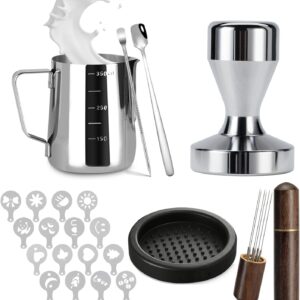 Espresso Accessories Kit 51mm Tamper: 51mm Espresso Tamper Set Espresso Kit Including Coffee Tamper, Milk Frothing Pitcher,  Tool Espresso, Tamper Mat, Latte Art Pen, Coffee Spoon, Coffee Stencils