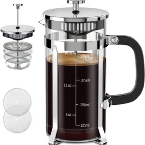 French Press Coffee Maker 304 Stainless Steel French Press with 4 Filter, Heat Resistant Durable, Easy to Clean, Borosilicate Glass Coffee Press, 100% BPA Free Glass Teapot, 21 ounce, Silver