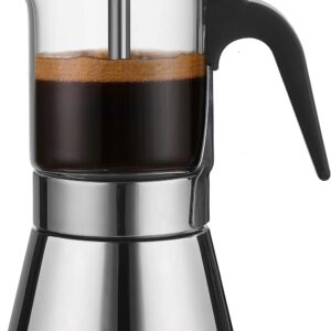 Induction Stovetop Espresso Maker With Pressure valve,Crystal Glass-top & Stainless Steel   Pot,240ml Classic Italian Coffee Maker