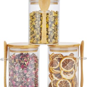 3 Pack Glass Containers Jars with Bamboo Airtight Lid and Spoon, 15Oz Glass Food Storage Canisters, Kitchen Organization Jar Set for Coffee Beans, Tea, Flour, Salt, Nuts, Candy, Cookie and More