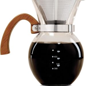 Pour-Over Coffee Maker, Borosilicate Glass and Bamboo Handle, Stainless Steel Filter, 4-Servings, 22-Ounce Capacity