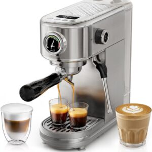 Programmable Espresso Machine, Brushed Stainless Steel, Adjustable Temperature and Cup Volume, Steam Wand for Milk Frother