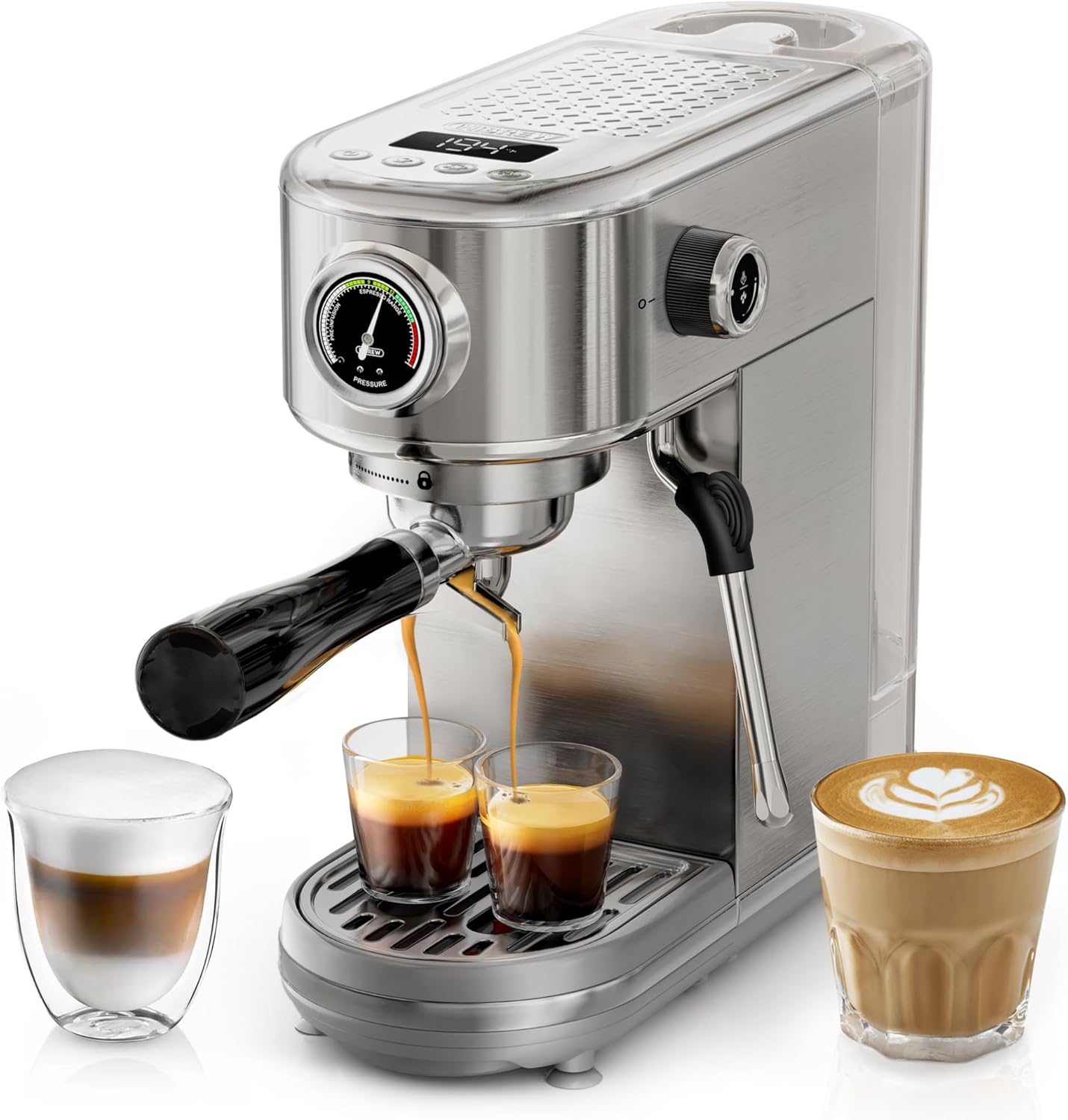 Programmable Espresso Machine, Brushed Stainless Steel, Adjustable Temperature and Cup Volume, Steam Wand for Milk Frother