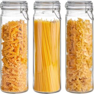 60oz Airtight Glass Jars Set of 3 with Lids Food Storage Jar Round - Tall Spaghetti Container with Clear Preserving Seal Wire Clip Fastening, Pasta jar for Kitchen Canning, Nut,Oat, Dry Goods