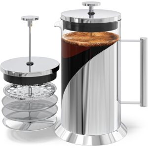 Stainless Steel French Press Coffee Maker - 34oz Insulated Coffee Press with 4-Level Filtration, BPA Free, Durable Glass, Great for Tea