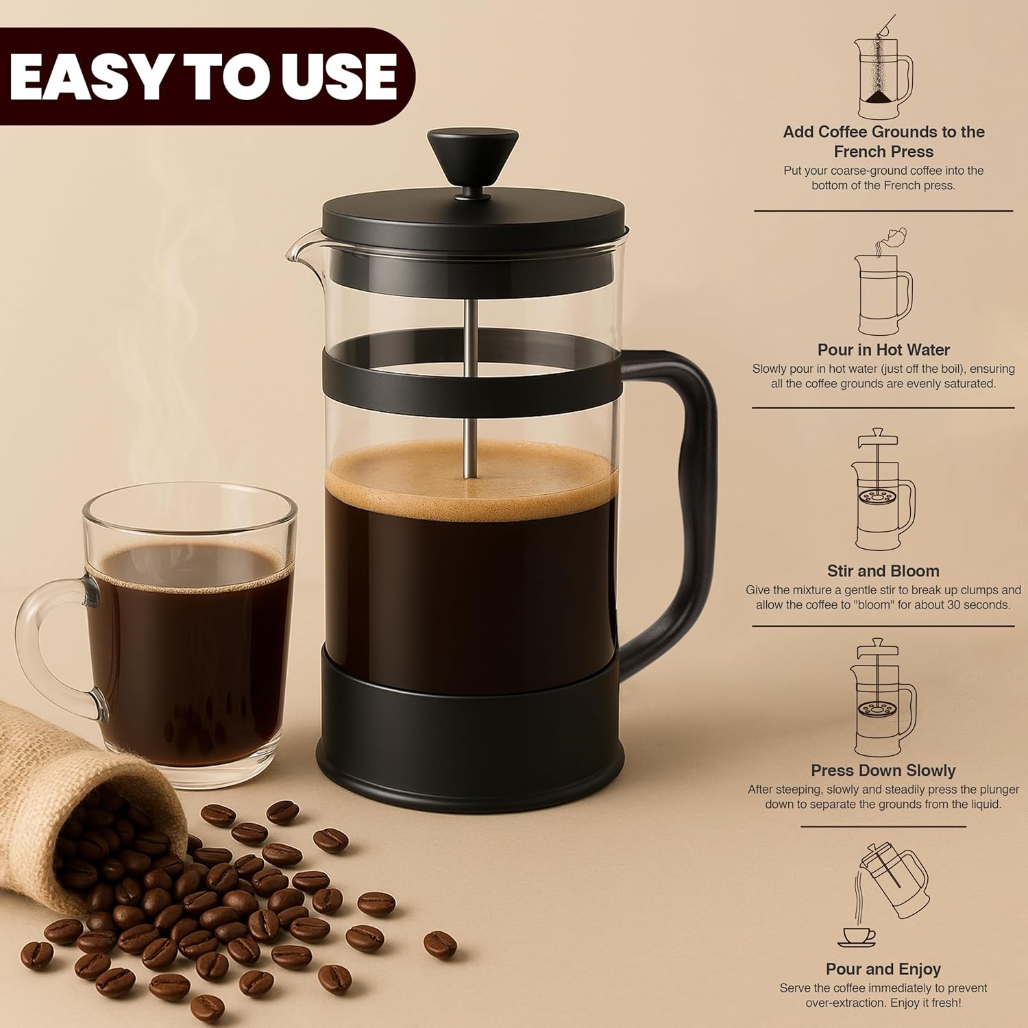 34 Ounce 1 Liter French Press Coffee Maker, Tea Maker, Travel Coffee Presses, Heat Resistant Thickened Borosilicate Coffee Pot for Camping Travel Gifts, Black Pack of 1 - Image 2