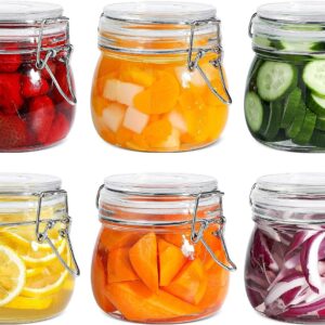 Airtight Glass Canister Set of 6 with Lids 17oz Food Storage Jar Round - Storage Container with Clear Preserving Seal Wire Clip Fastening for Kitchen Canning Cereal,Pasta,Sugar,Beans,Spice